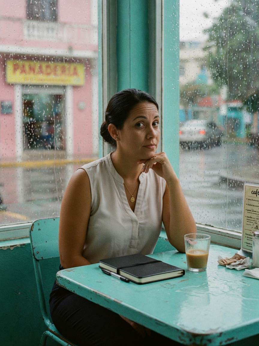 Lucía Ferrer at a café table with a closed notebook.