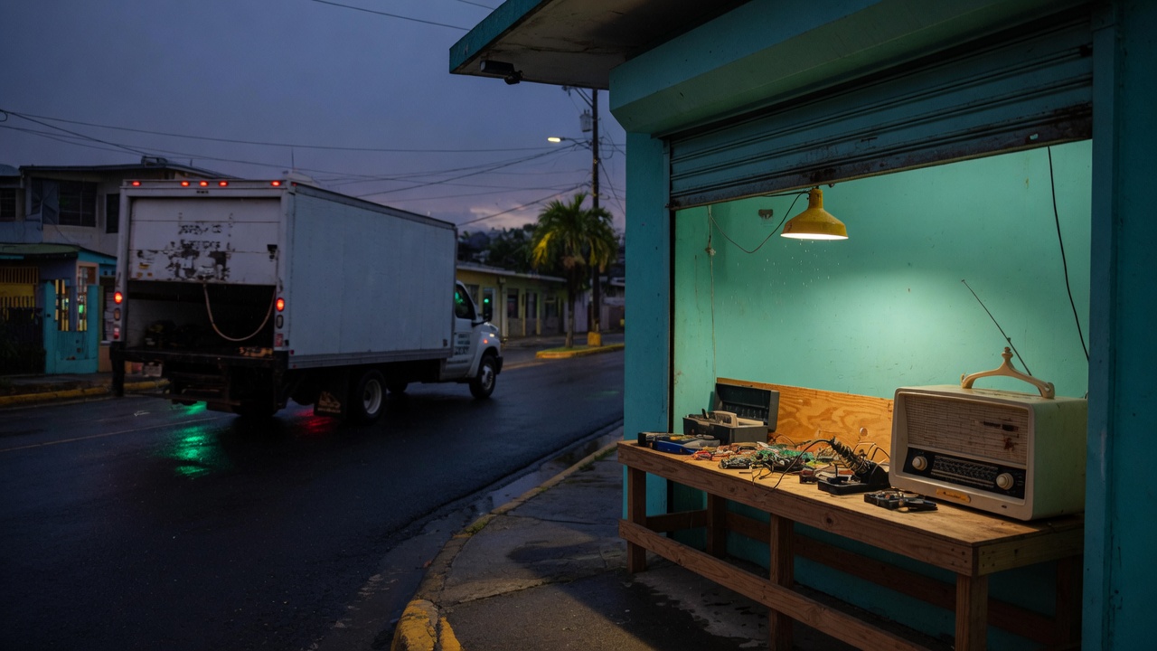 Pre-dawn electronics shop on a wet street in Añasco. Story still, not captured gameplay.